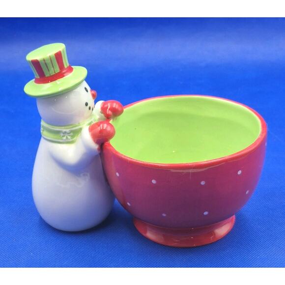 Festive Ceramic Snowman Dip Bowl with Serving Knife Red Green White 8x5x6" - Picture 4 of 8